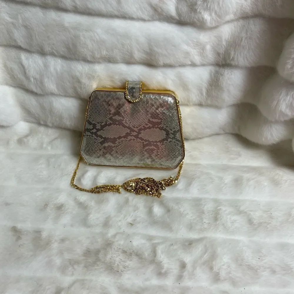 Sondra Roberts gold metallic faux snake skin box clutch with shoulder st…